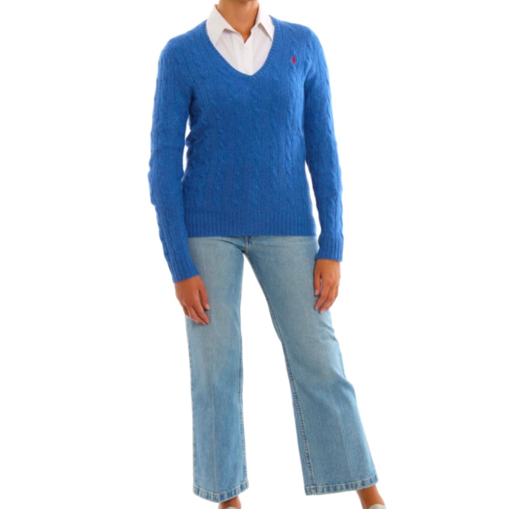RALPH LAUREN Classic Preppy Blue Cable Knit V-Neck Sweater Pink Polo Pony XL NEW